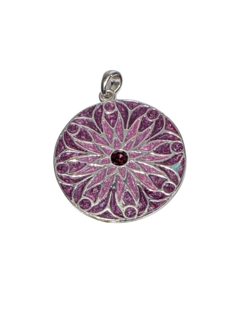 Round Purple Enamel Silver Tone Pendant Mandala Floral Design Gemstone 1.5"